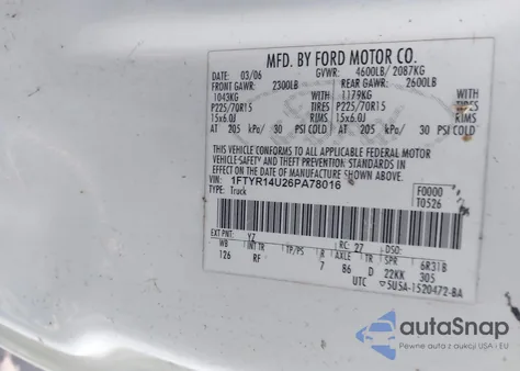 2006 Ford Ranger Sport/Stx/Xl/Xlt из США, поврежденный, VIN 1FTYR14U26PA78016